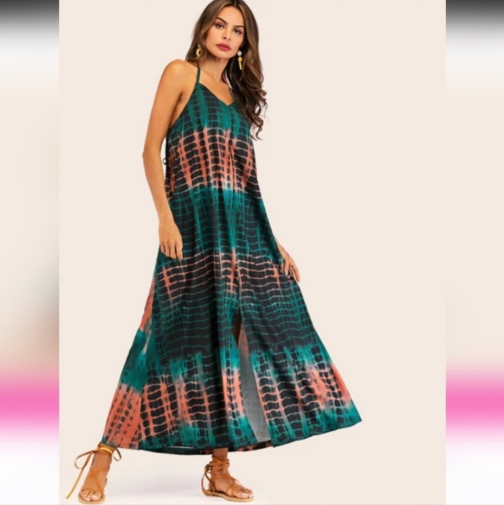 Shein Dress Halter Split Thigh Slit Maxi Green Size S - Picture 3 of 15